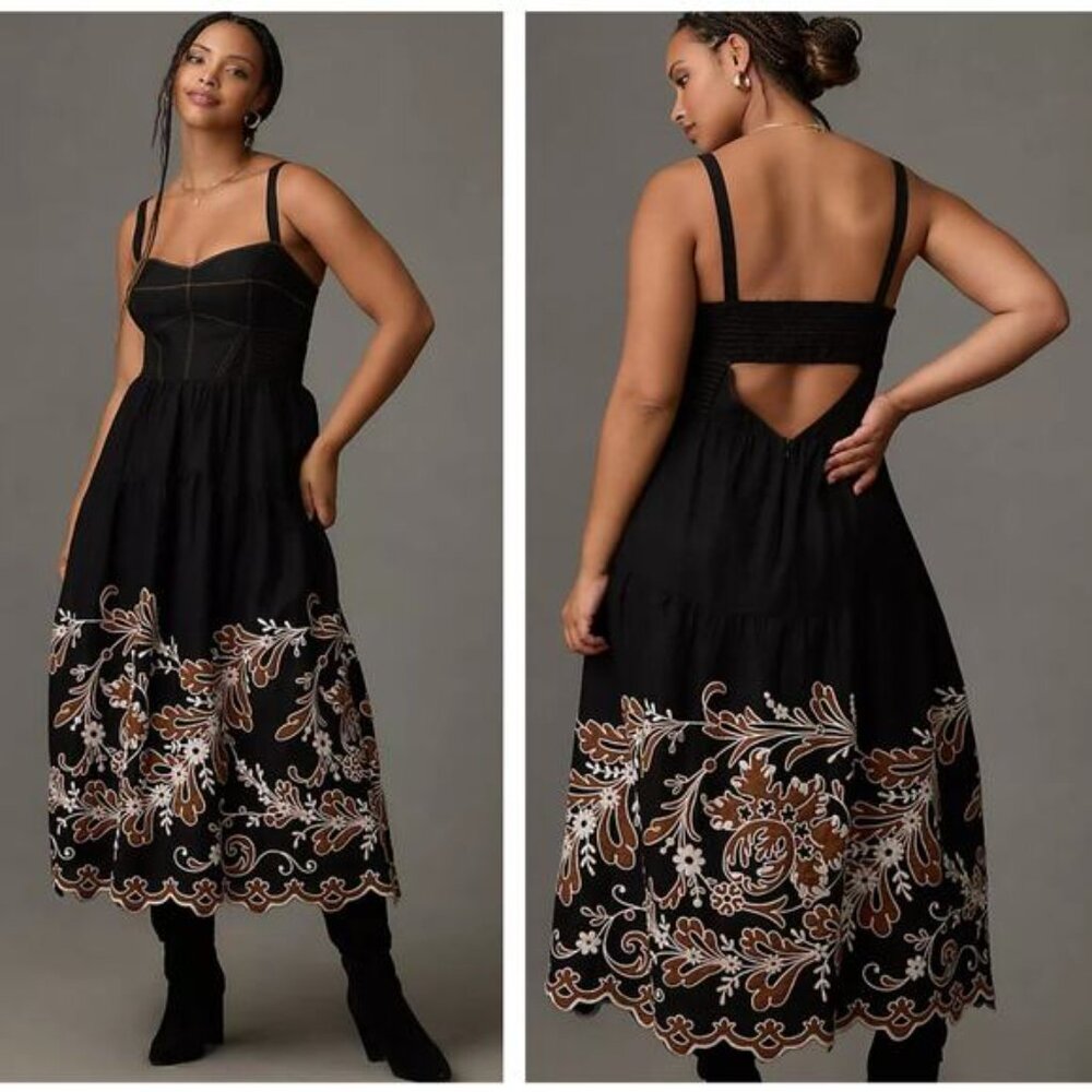 Anthropologie 1X Corset Bodice Linen Blend Embroidered Scalloped Hem Midi Dress